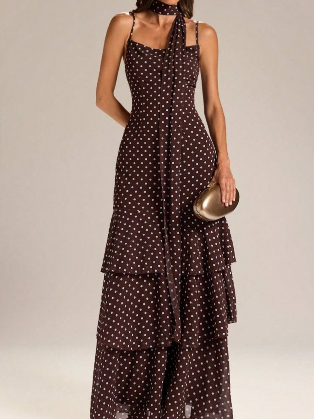 Brown Chic Women's Polka Dot Maxi Dress with Spaghetti Straps, Fishtail Gown - Picture 3 of 7